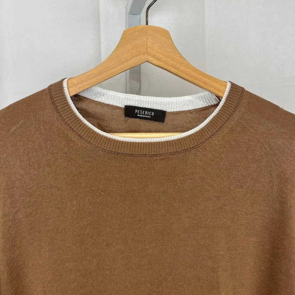 PESERICO Italy Maglia Tricot Knit Sweater Cotton Linen Crew Brown IT 52 US L XL